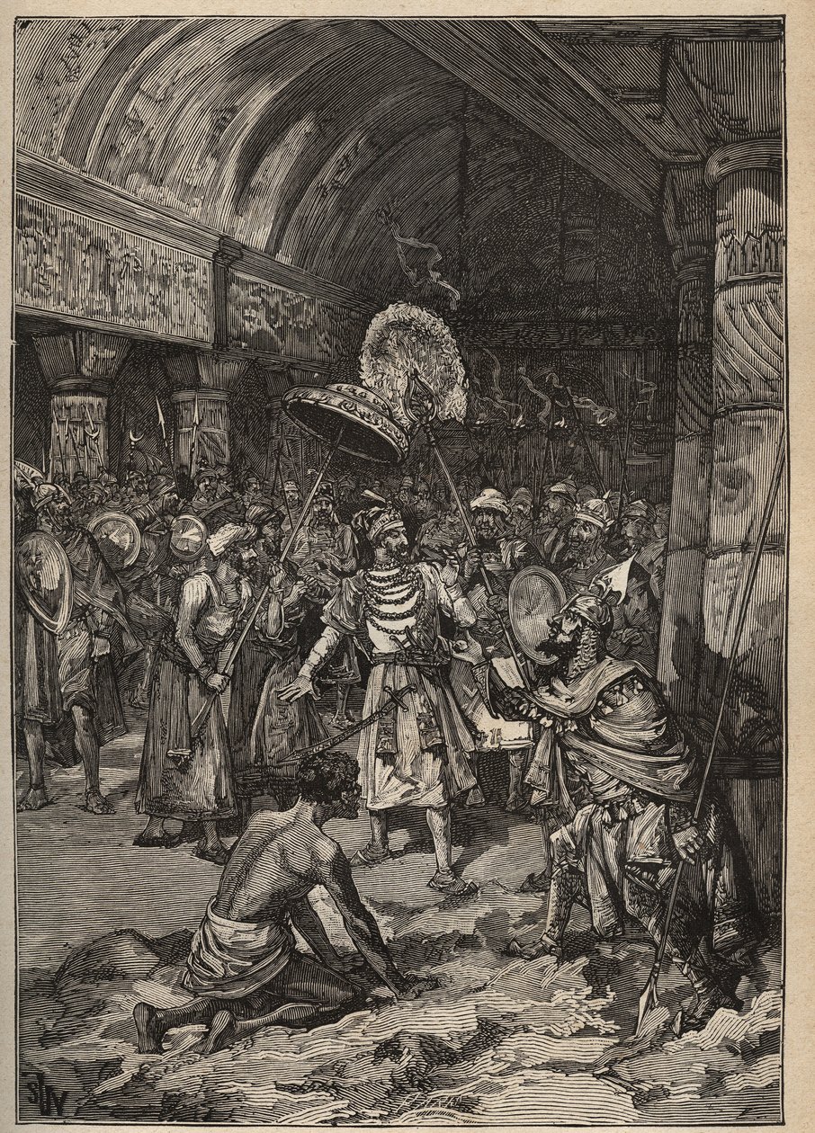 Kuuluisat timantit: Lahoren maharajah, Ranjit Singh (1780-1839), ottaa haltuunsa Koh-i Nor -timantin (Koh i Nor, Kuh-e Nur, Kuh e Nur, Koh-i-noor, Koh i Noor). Kaiverrus vuodelta 1885 kirjassa "Les arts et metiers illustres", kirjoittanut Adolphe BITARD. tekijältä Unknown artist