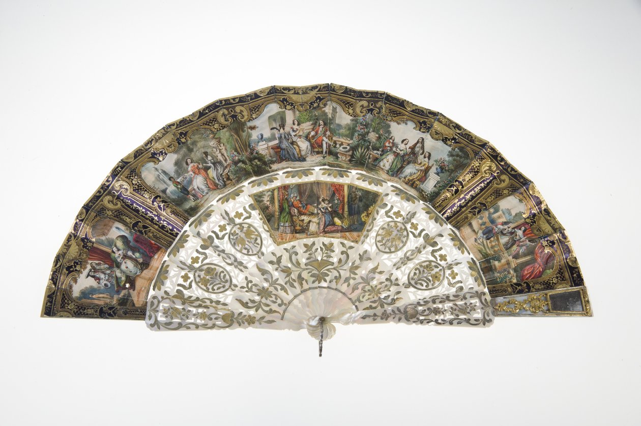 Fan, c.1860, Printed and painted paper, mother of pearl, gold, silver and copper metals, and mirror, Maker unknown tekijältä Unknown artist