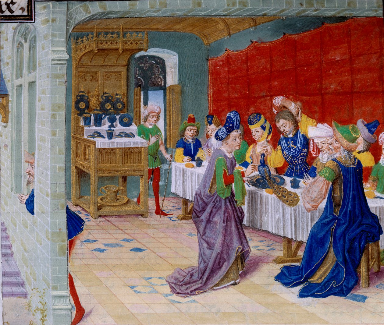 Juhla-ateriakohtaus, riikinkukko tarjoillaan pöydälle. Miniatyyri otettu Callisthenesin tai Kallisthenesin (n. 360-328 eKr.) "La Vraye Histoire du Bon Roy Alixandresta" tekijältä Unknown artist