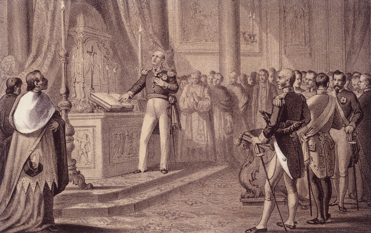 Ferdinand I Bourbon tai Ferdinand IV (1751 - 1825), Napolin kuningas, vihki vuoden 1820 perustuslain käyttöön "" Storia d