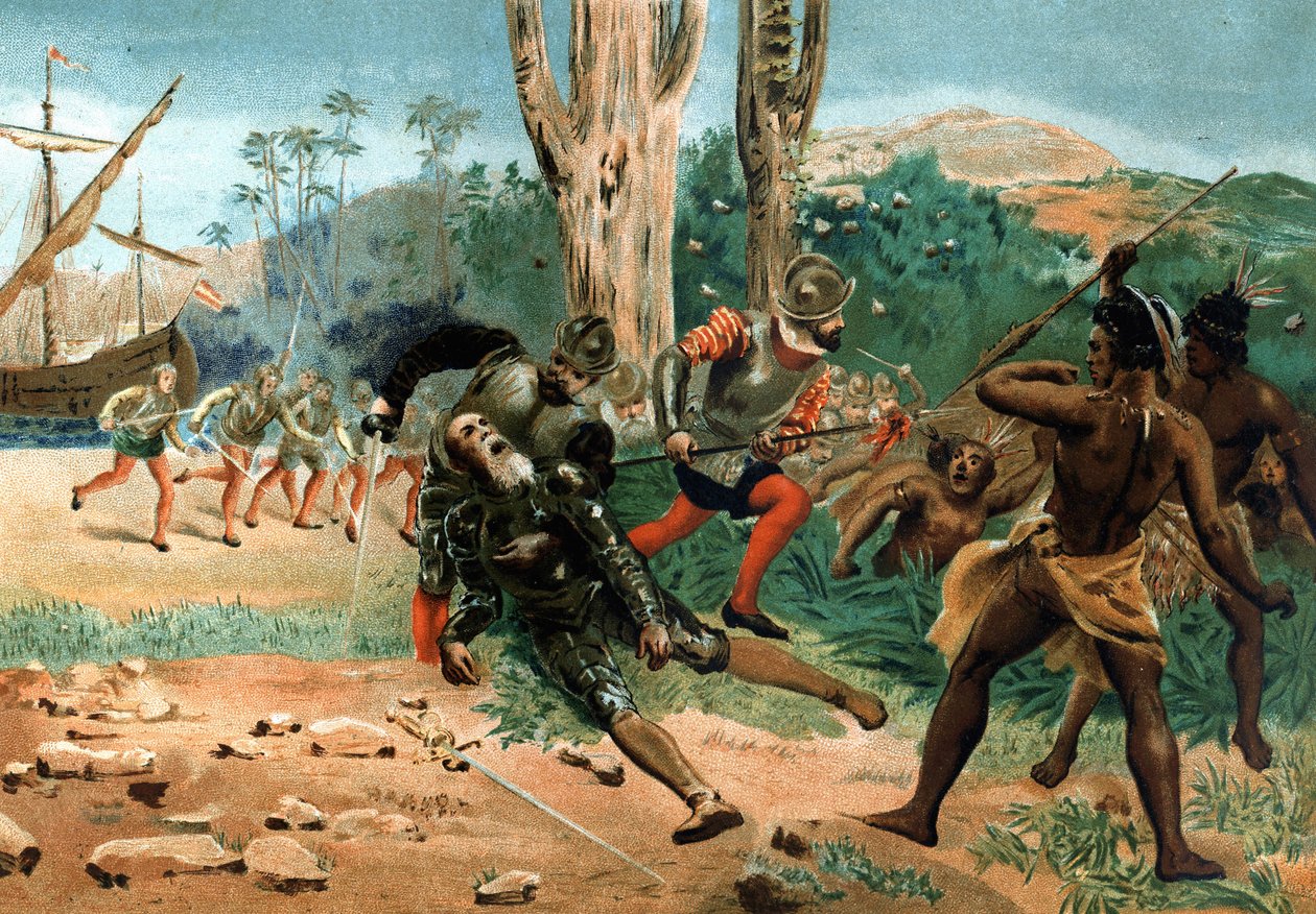 Fernand de Magellan kuoli (noin 1480-1521), portugalilainen merenkulkija, tapettiin Mactanin saarella (Filippiinit) 27. huhtikuuta 1521 juhlittujen miesten ja naisten jälkeen. Barcelona 1877. tekijältä Unknown artist