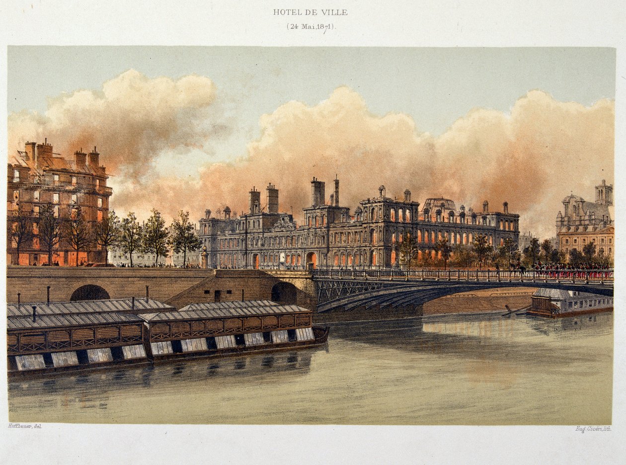 Hotel de Ville de Parisin tulipalo 24. toukokuuta 1871 - litografia tekijältä Unknown artist