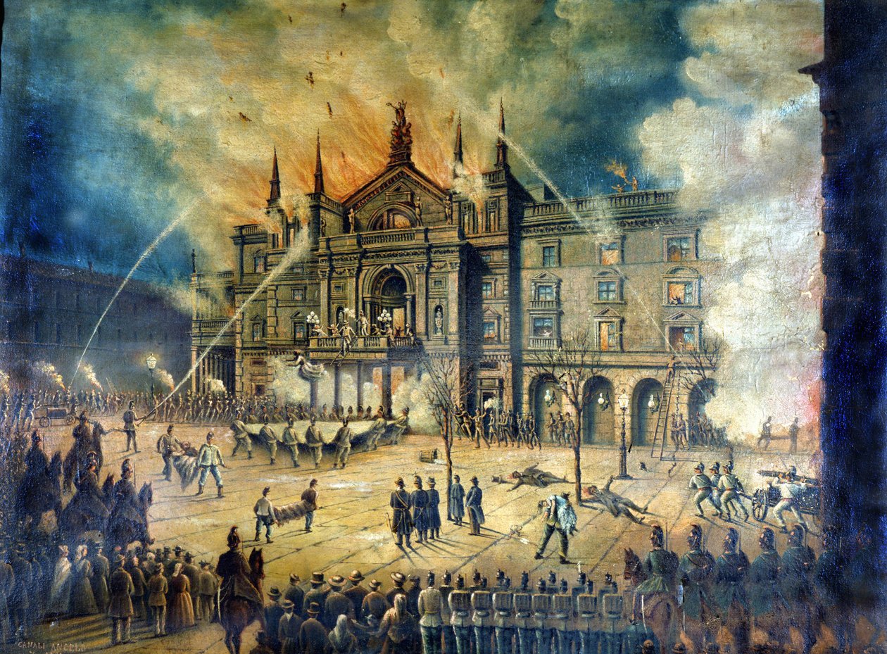 Wienin oopperan Wiener Ringtheaterin tulipalo vuonna 1881. 1800-luvun piirros tekijältä Unknown artist