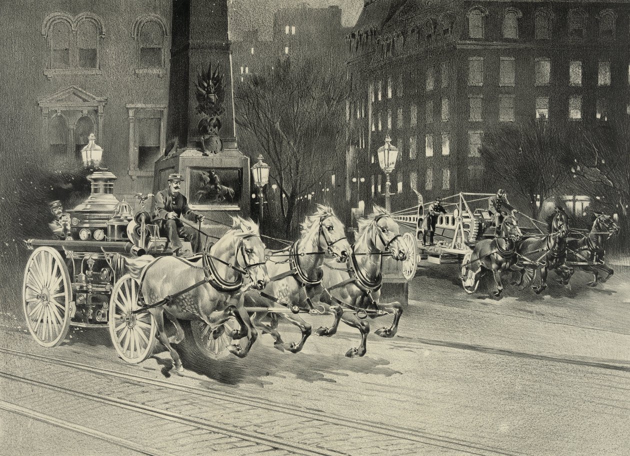 Paloauto vetää palopaikalle saapuvia hevosia. USA. 1895 tekijältä Unknown artist