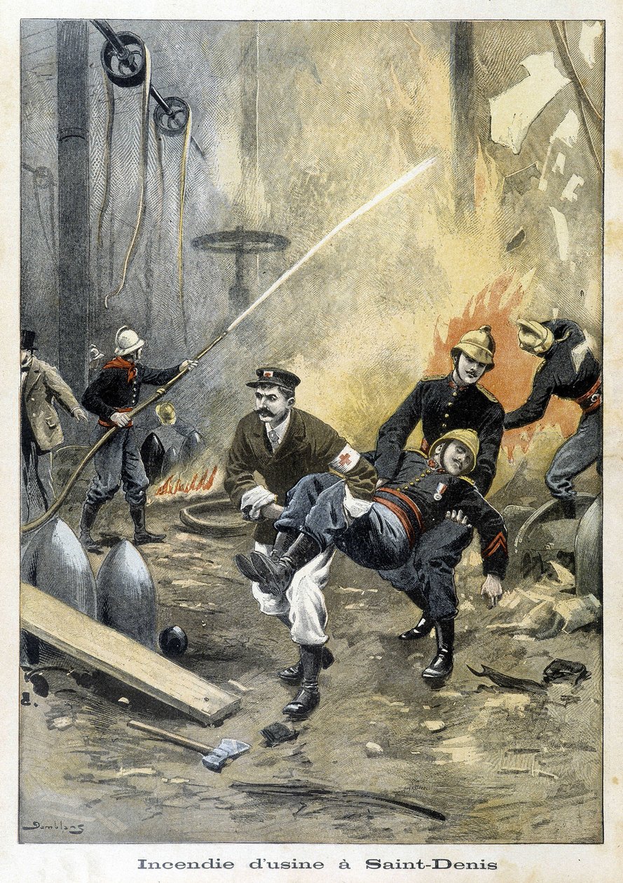 Palomiehet puuttuvat tulipaloon Usinessa Saint Denisissä. Kuva "Petity Journalista" vuodelta 1899. tekijältä Unknown artist