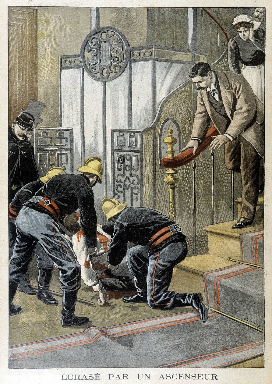 Miestä pelastavat palomiehet törmäsivät hissiin pariisilaisessa rakennuksessa. Kuva "Pienestä päiväkirjasta" vuodelta 1899. tekijältä Unknown artist