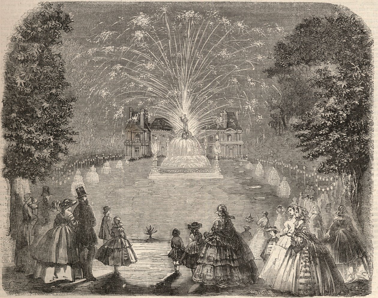 Ilotulitus ja Maison Laffitten (House-Laffitte) linnan valaistus maataloustoimikunnan kilpailuiltana. Kaiverrus "Le Monde illustrious" -kirjoitukseen vuodelta 1857. Yksityinen kokoelma. tekijältä Unknown artist