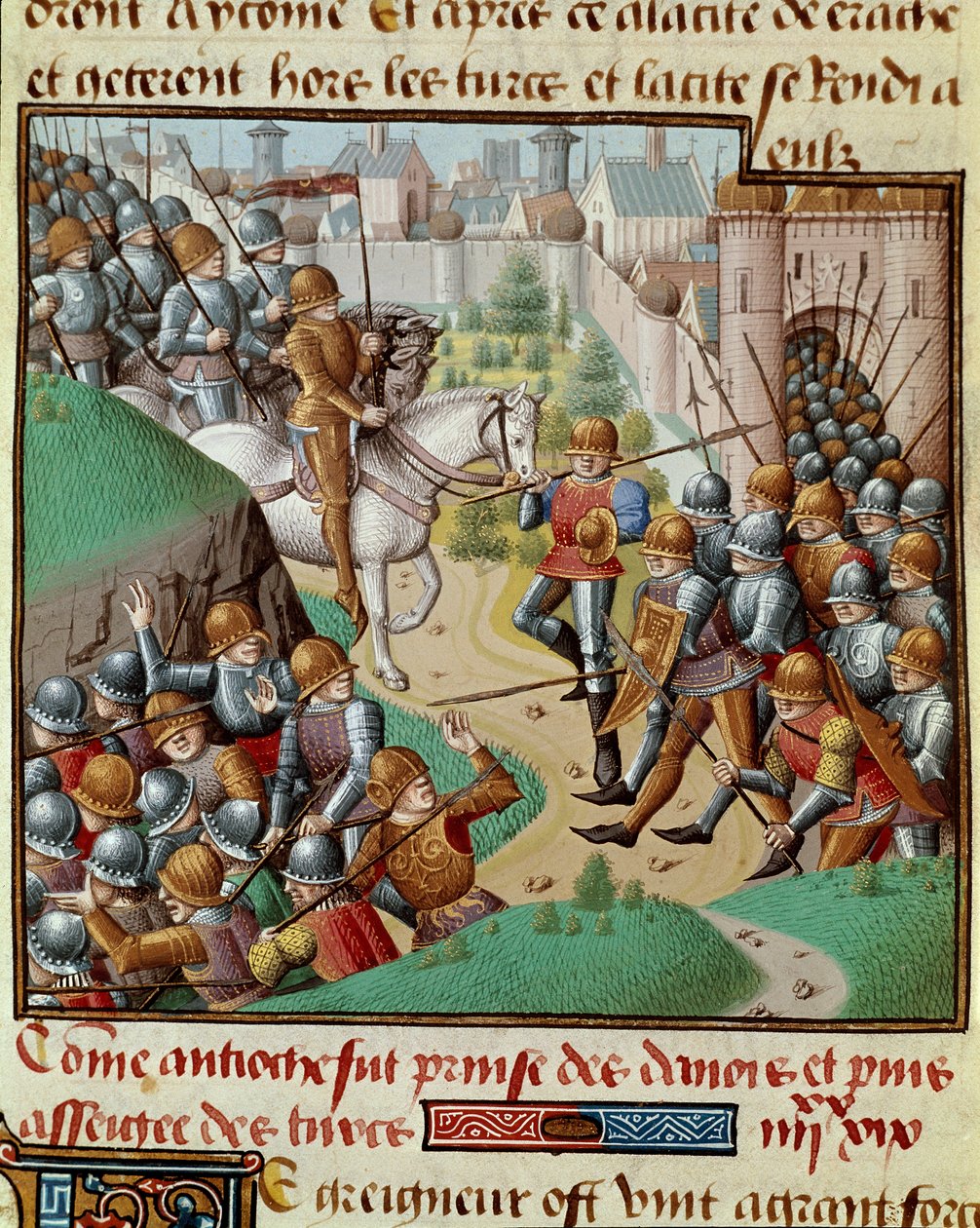 Ensimmäinen ristiretke: ""Antiokian valloitus"" Taistelu käytiin Antiokian muurien alla Bohemondin risteilyjen ja Persian sulttaanin kenraalin Karboukan armeijan välillä kesäkuussa 1098. Miniatyyri teoksessa "" Le miroir historial"" (Speculum) Historiale)  tekijältä Unknown artist