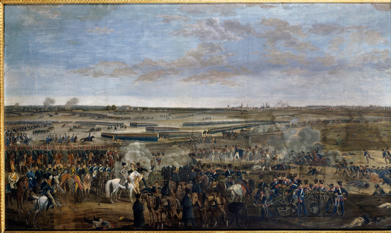 Ensimmäinen valtakunta: Keisari Napoleon I (1769-1821) (valkoisella hevosella) Leipzigin taistelussa (Kansakuntien taistelu), 16.-19.10. tekijältä Unknown artist