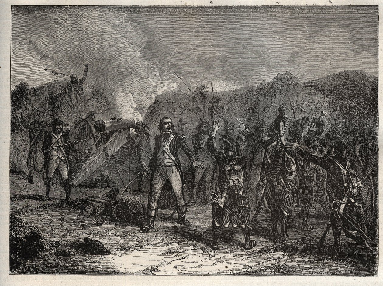 Ensimmäinen liittouma: eversti Antoine Guillaume (Antoine-Guillaume) Rampon (1759-1842) Montenotten taistelussa 12. huhtikuuta 1796 Italian kampanjan aikana vastustaen Napoleon Bonaparten ranskalaisia joukkoja Itävallan ja Sardinian armeijoita vastaan - ra tekijältä Unknown artist