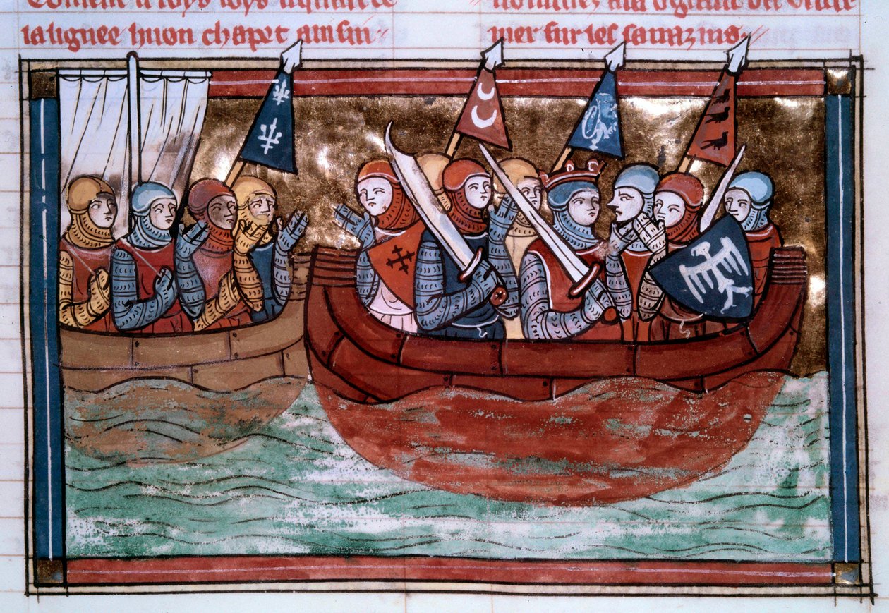 Ensimmäinen ristiretki: Godefroi de Bouillon (1060-1100) ja risteykset kohti Pyhää Maata. Miniatyyri teoksesta "" Roman De Godefroy De Bouillon et de Saladin"" tekijältä Unknown artist