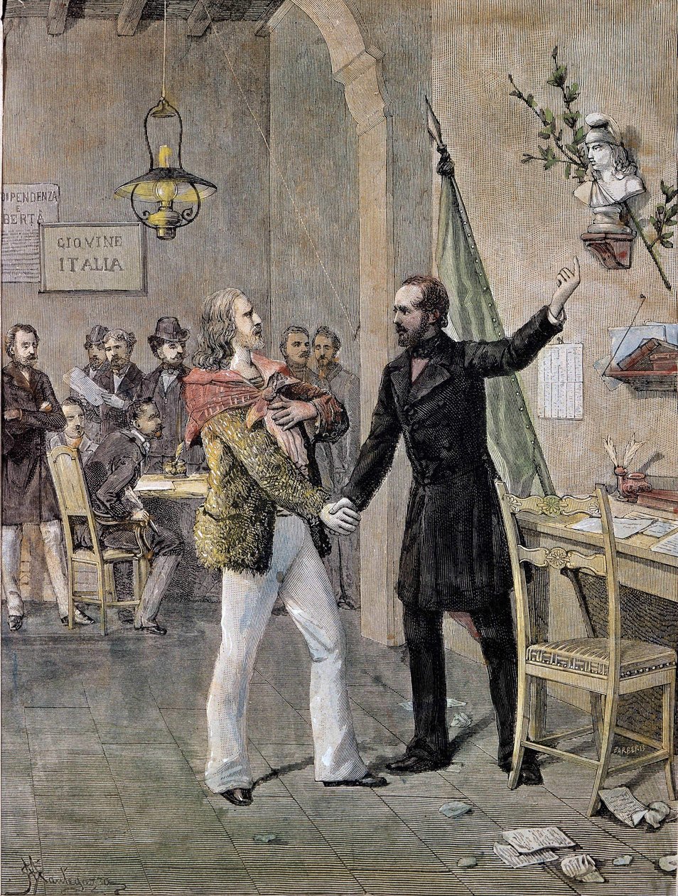 Giuseppe Garibaldin ja Giuseppe Mazzinin ensimmäinen tapaaminen Marseillessa vuonna 1833 (kaiverrus) tekijältä Unknown artist