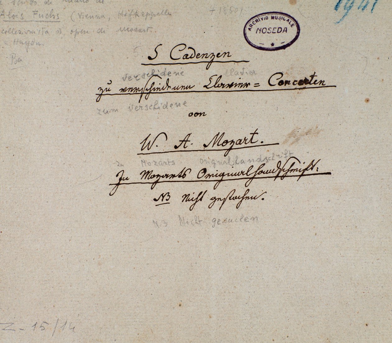 Ensimmäinen sivu Mozartin viiden kadenssin pianolle käsikirjoituksesta (käsikirjoitus tekijältä Unknown artist