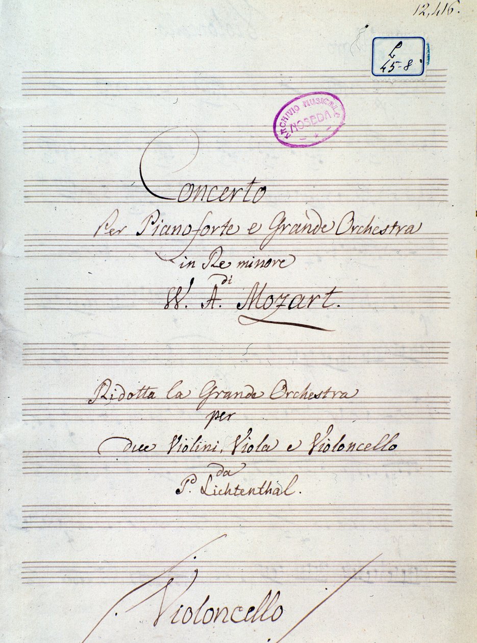 Ensimmäinen sivu nuotit Mozartin konserttiin pianolle ja suurelle orkesterille d-molli, Lichtenthal-versio (1800-luku) tekijältä Unknown artist