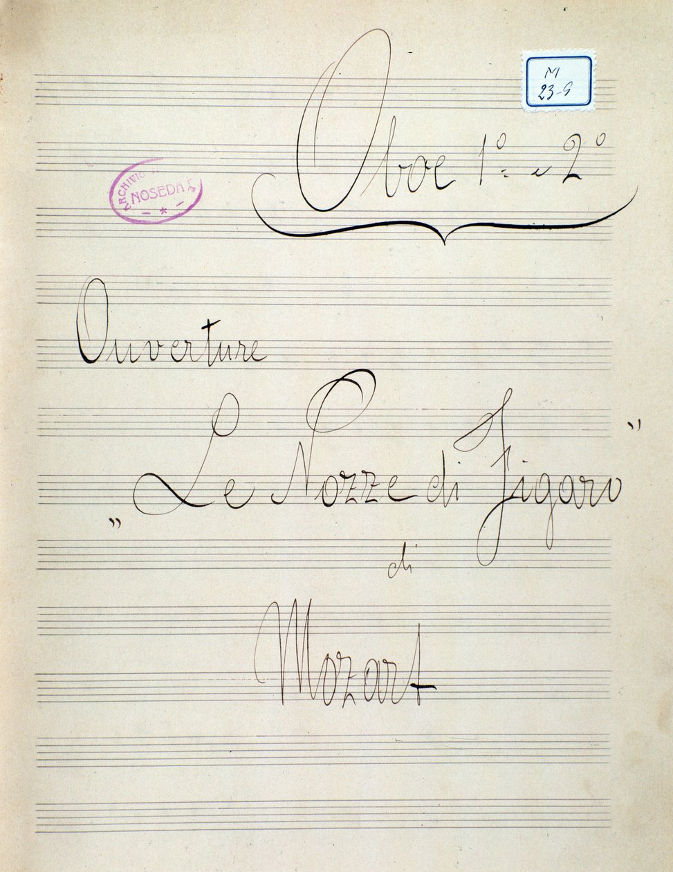 Ensimmäinen sivu nuotteja Mozartin oopperan Le nozze di Figaro oboelle (1800-luku) tekijältä Unknown artist