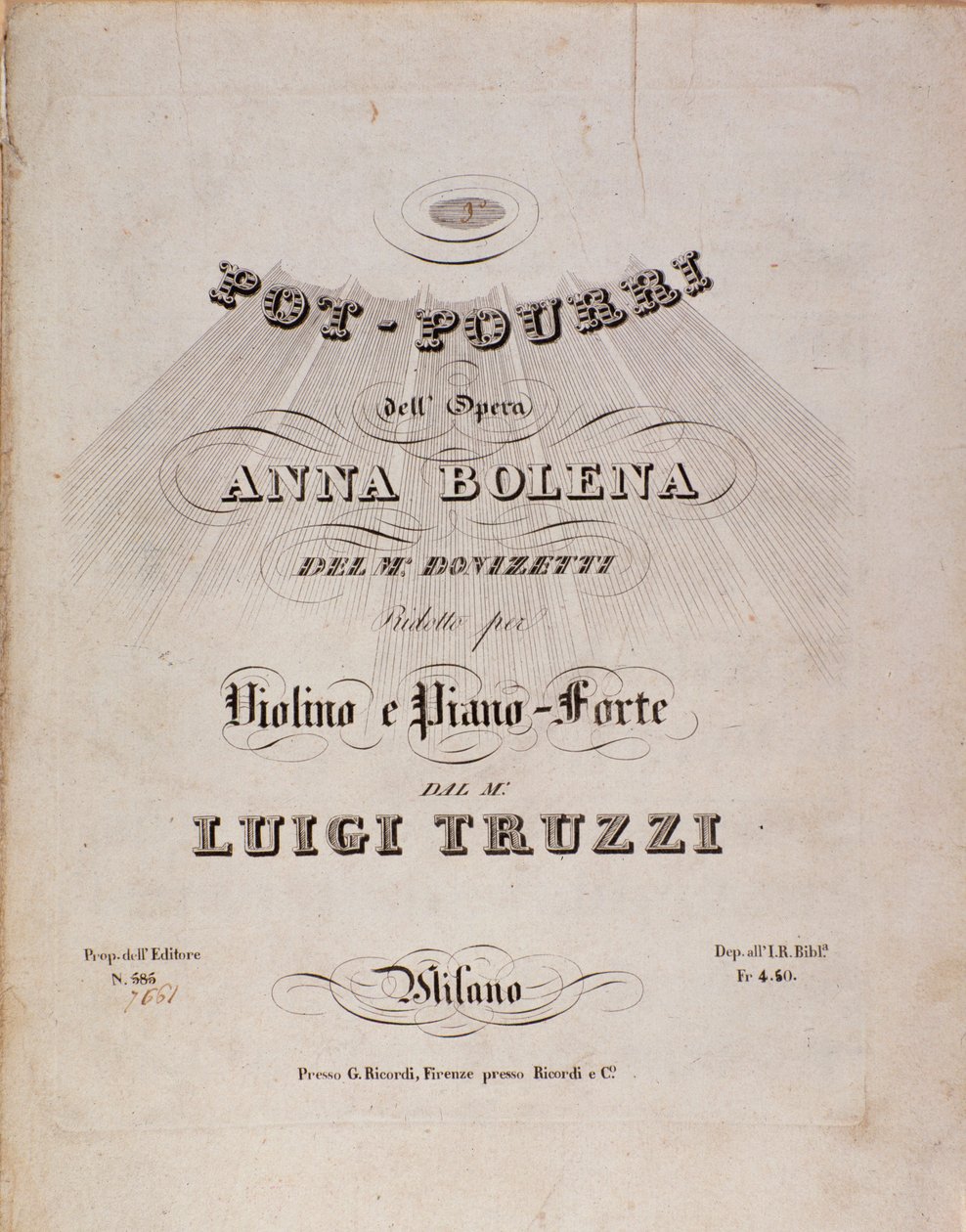 Gaetano Donizettin oopperan Anna Bolenan pot pourrin nuottien ensimmäinen sivu tekijältä Unknown artist