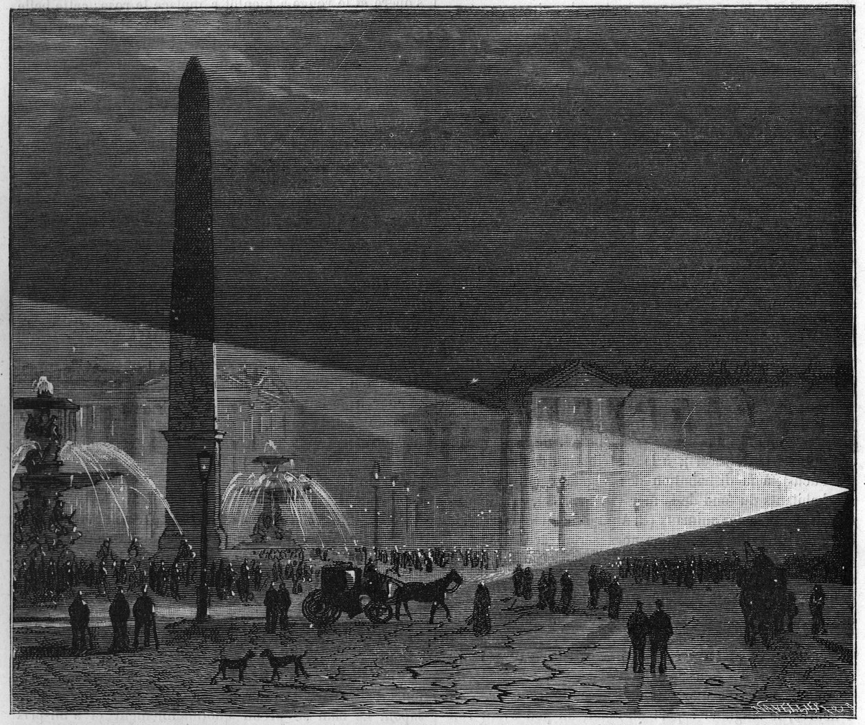 Ensimmäinen julkinen kokemus sähkövalaistuksesta, jonka teki Pariisissa Place de la Concordella Deleuil ja Leon Foucault joulukuussa 1844. "" La Naturessa. Katsaus tieteisiin ja niiden sovelluksiin taiteeseen ja teollisuuteen.” tekijältä Unknown artist