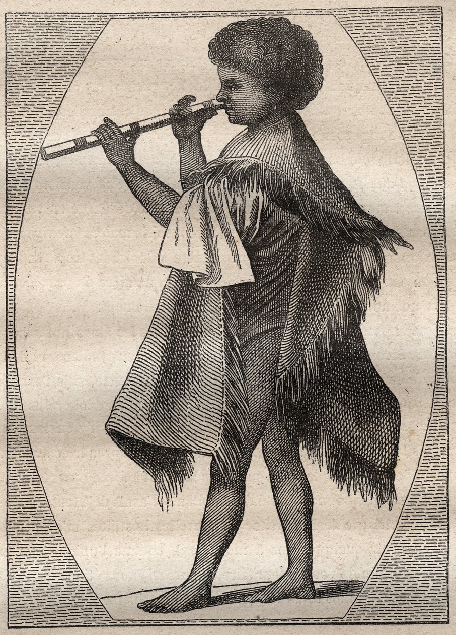 Kapteeni James Cookin (1728-1779) ensimmäinen matka (1768-1771): Tahitilainen huilunsoittaja - kuva otettu teoksesta "" 1700-luvun suuret merenkulkijat"" tekijältä Unknown artist