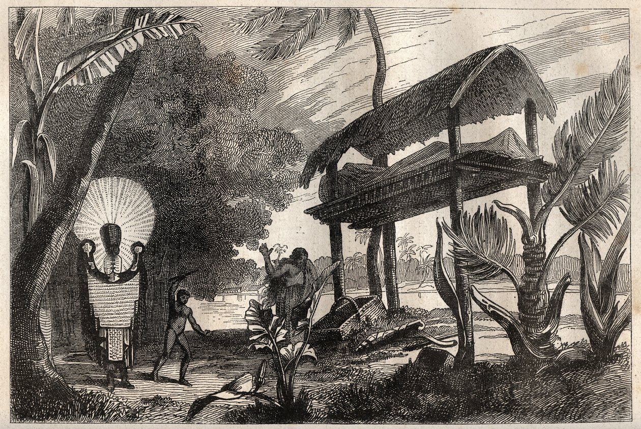 Kapteeni James Cookin (1728-1779) ensimmäinen matka (1768-1771): fia-toka (fia toka), Tahitin hautarakennus - kuva otettu teoksesta "" 1700-luvun suuret merenkulkijat"" tekijältä Unknown artist