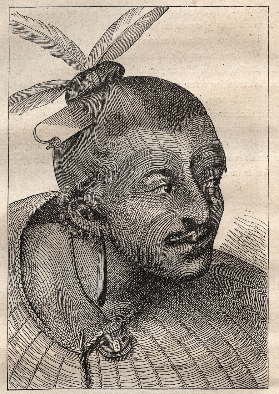 Kapteeni James Cookin (1728-1779) ensimmäinen matka (1768-1771): tatuoitu uuszelandaisin pää (Neo Zelandais) - kuva otettu teoksesta "1700-luvun suuret merimiehet" tekijältä Unknown artist