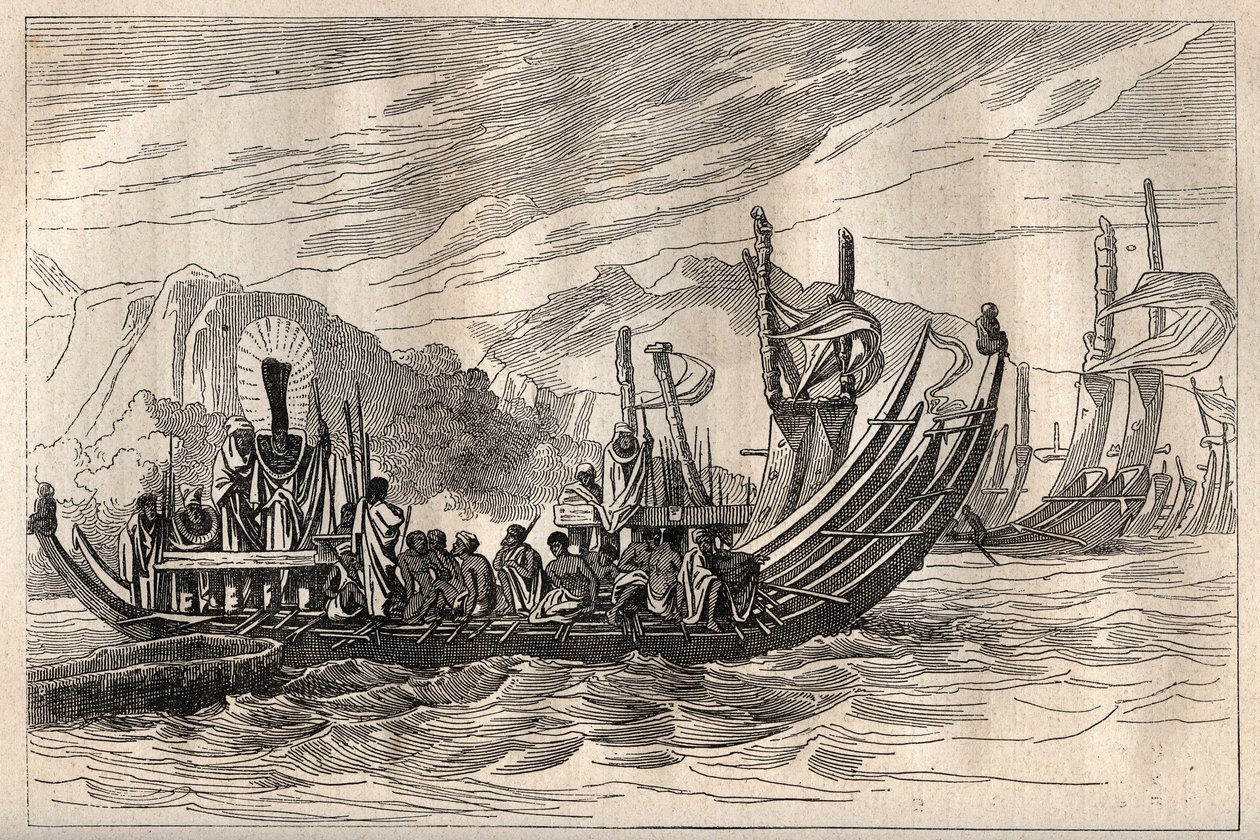 Kapteeni James Cookin (1728-1779) ensimmäinen matka (1768-1771): Tahitin laivasto kokoontui Opareeen - kuva otettu teoksesta "1700-luvun suuret merenkulkijat" tekijältä Unknown artist