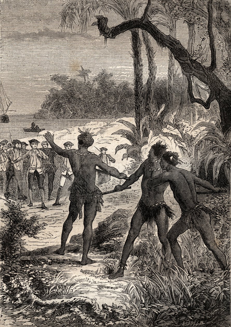 Kapteeni James Cookin (1728-1779) ensimmäinen matka (1768-1771): kun Cook ja kymmenen merimiestä purjehtivat Uuden-Guinean pituuspiirin rannikolla, kolme intiaania nousi metsästä suurilla huudoilla - kuva otettu teoksesta "The Great Mariners of 1700-luku"" tekijältä Unknown artist