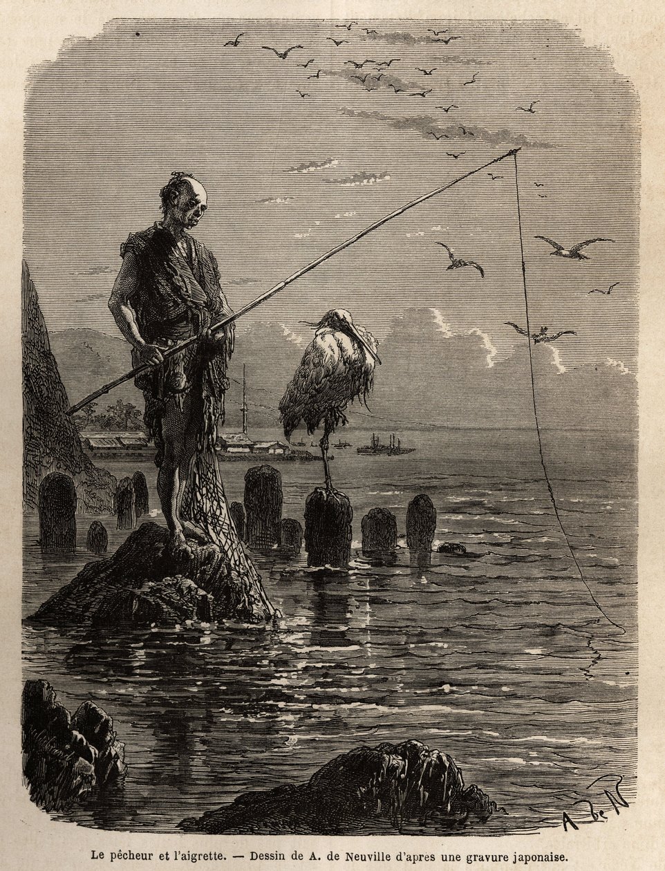 Yedo Bayn (tai Edon, nykyisen Tokion) kalastaja, kotka, matala tamma, tarttui, veneet makaavat kalastajat lahteen kuivatuille kivilohkareille, jälkimmäiset pysyvät suorina, liikkumattomina ja kalastavat hameconin kanssa. kalat, jotka he liukuvat pitkällä tekijältä Unknown artist
