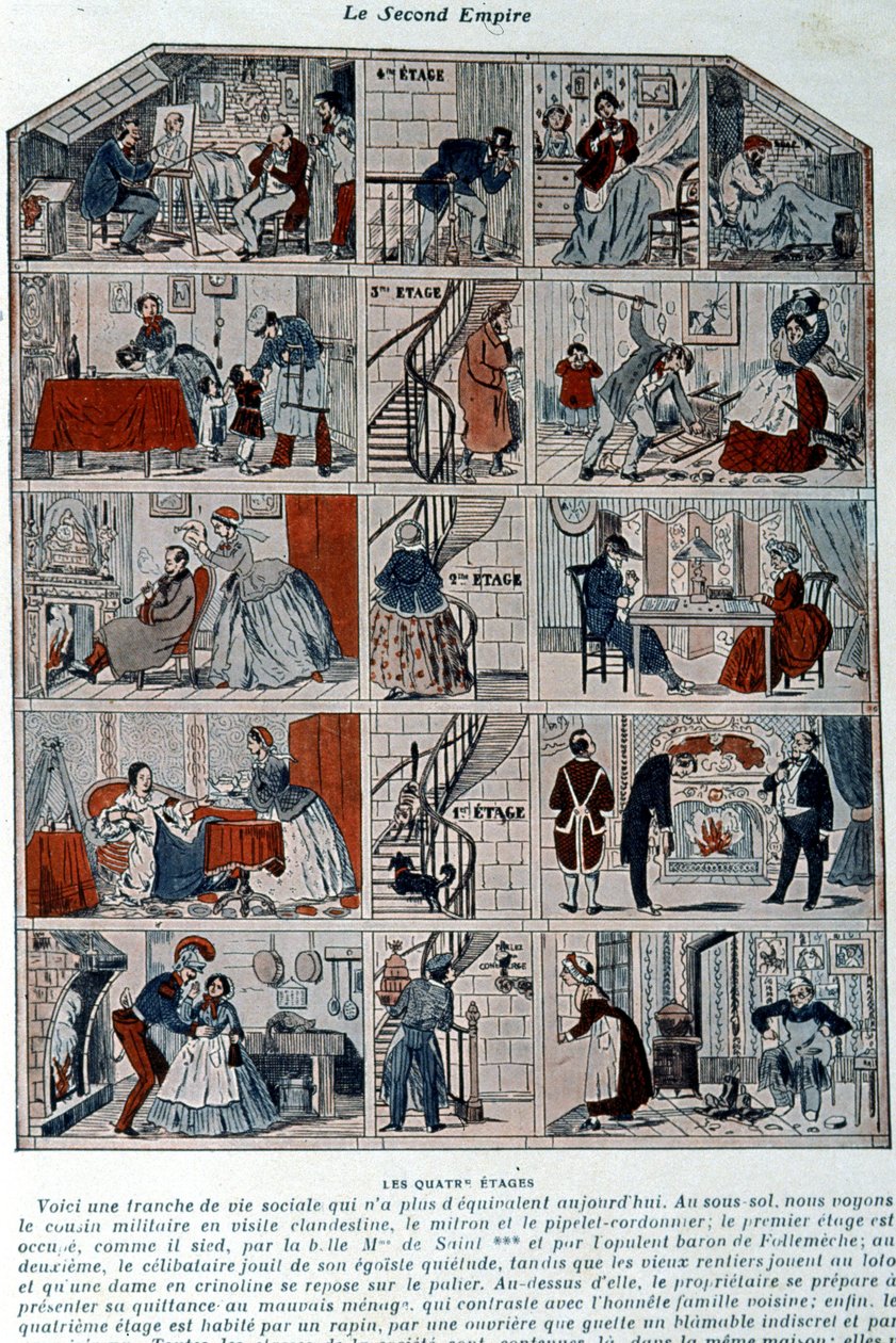 Viisi kerrosta esittävät toisen imperiumin eri yhteiskuntaluokat. Kuvitus on esitetty poikkileikkauksena pariisilaisesta rakennuksesta. tekijältä Unknown artist