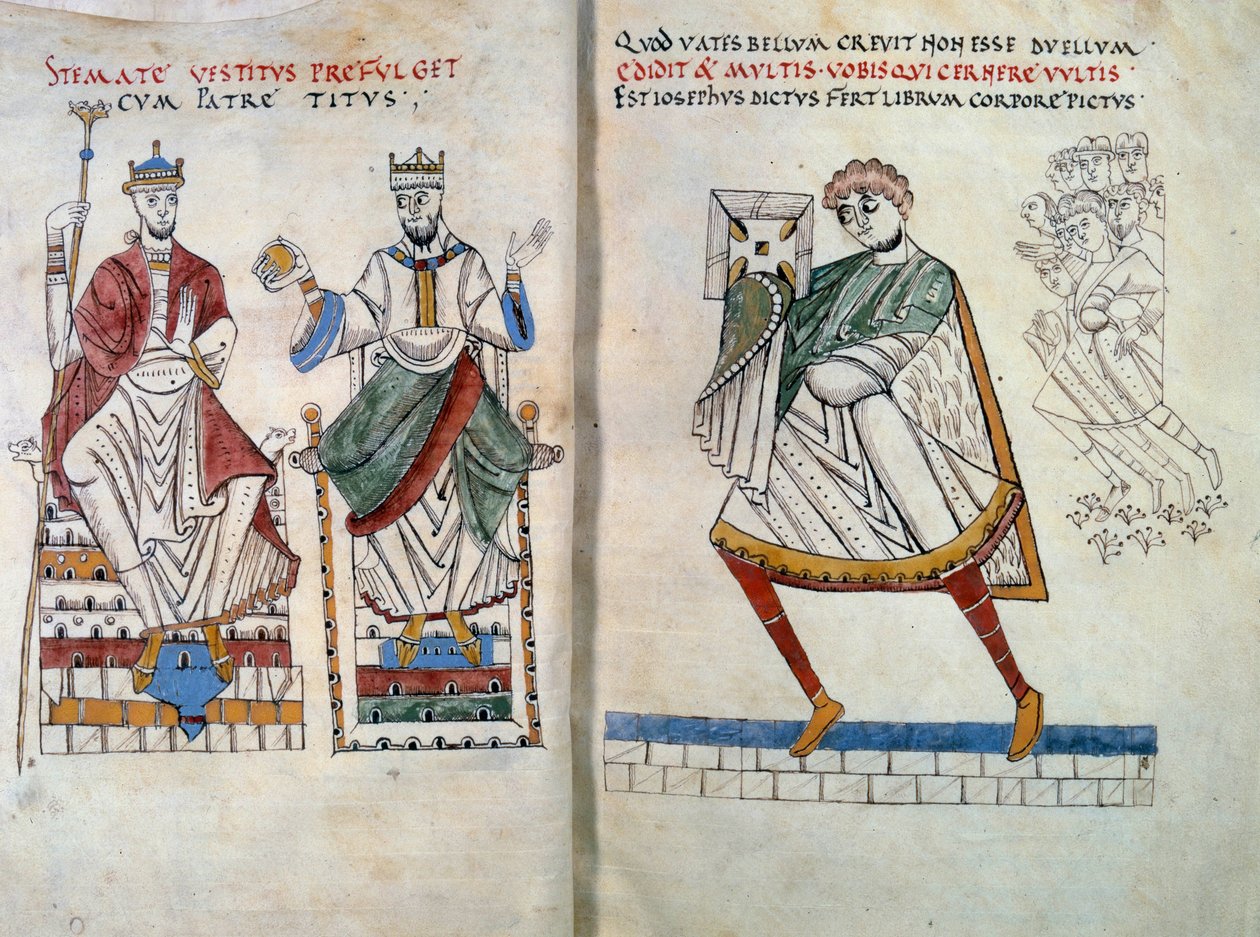 Flavius Josephe (alun perin Yossef ben Matityahu, kreikankielinen juutalainen historioitsija (37-100) tarjoten kirjaansa keisarit Titukselle ja Vespasianukselle. Miniatyyri otettu teoksesta "" De Bello Judaico (Juutalaisten sota) "" (folio 2 ja 3) tekijältä Unknown artist