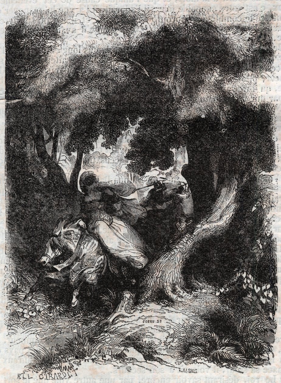 Angelican (Angelica) lento taistelun aikana - kaiverrus vuodelta 1851 Ludovico Ariostosta "" Furious Roland"" (Orlando furioso) (1500-luku), joka tunnetaan nimellä Ariosta - Tressanin kreivi käännös italiasta ja kustantaja Gustave Harva tekijältä Unknown artist
