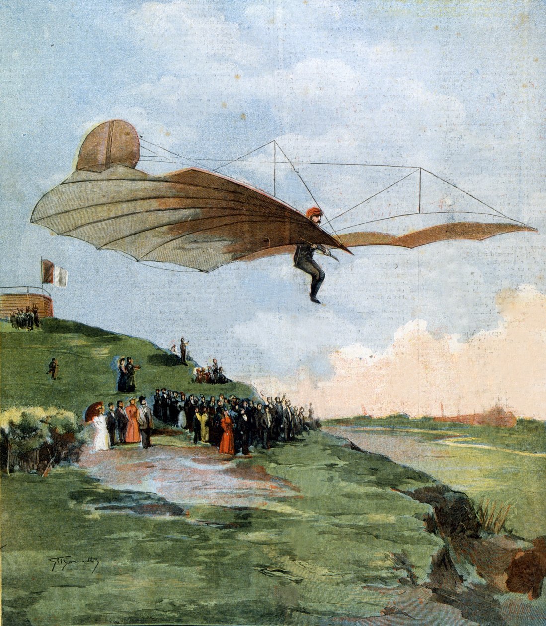 Otto Lilienthalin (1848 - 1896), purjelentokoneen pioneerin lento. 1894. tekijältä Unknown artist