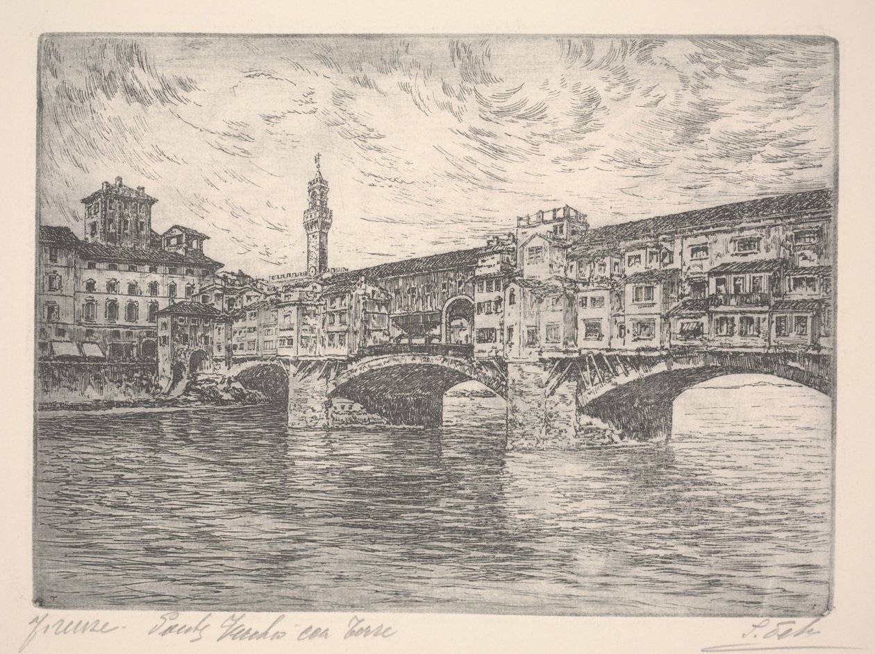 Firenze, Ponte Vecchio ja torni, luultavasti 1800-luvun loppu (etsaus) tekijältä Unknown artist