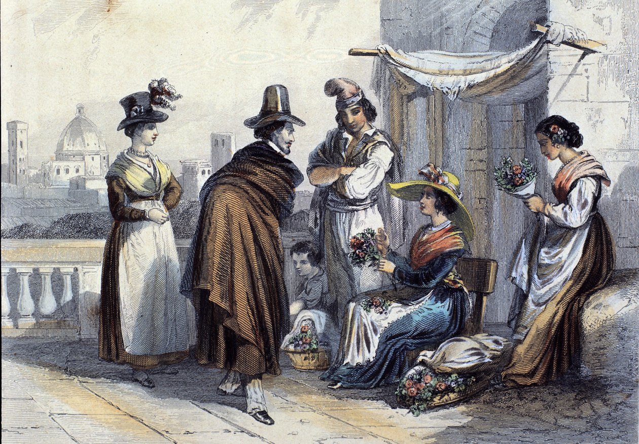 Kukkakauppa Firenzessä. Litografia noin 1820 tekijältä Unknown artist