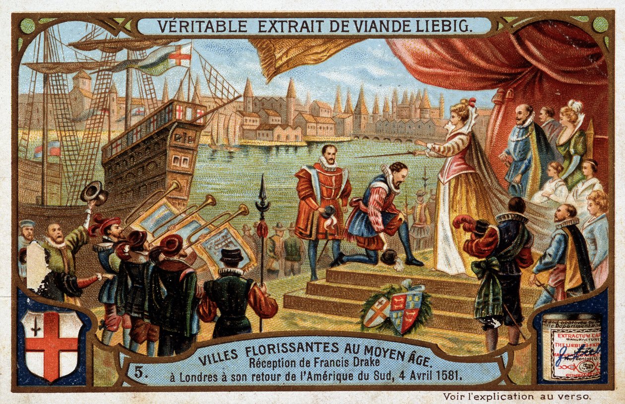 Keskiajan kukkivat kaupungit: Francis Draken (1542-1596) vastaanotto Lontoossa (Englanti), hänen palatessaan Etelä-Amerikasta, 4. huhtikuuta tekijältä Unknown artist