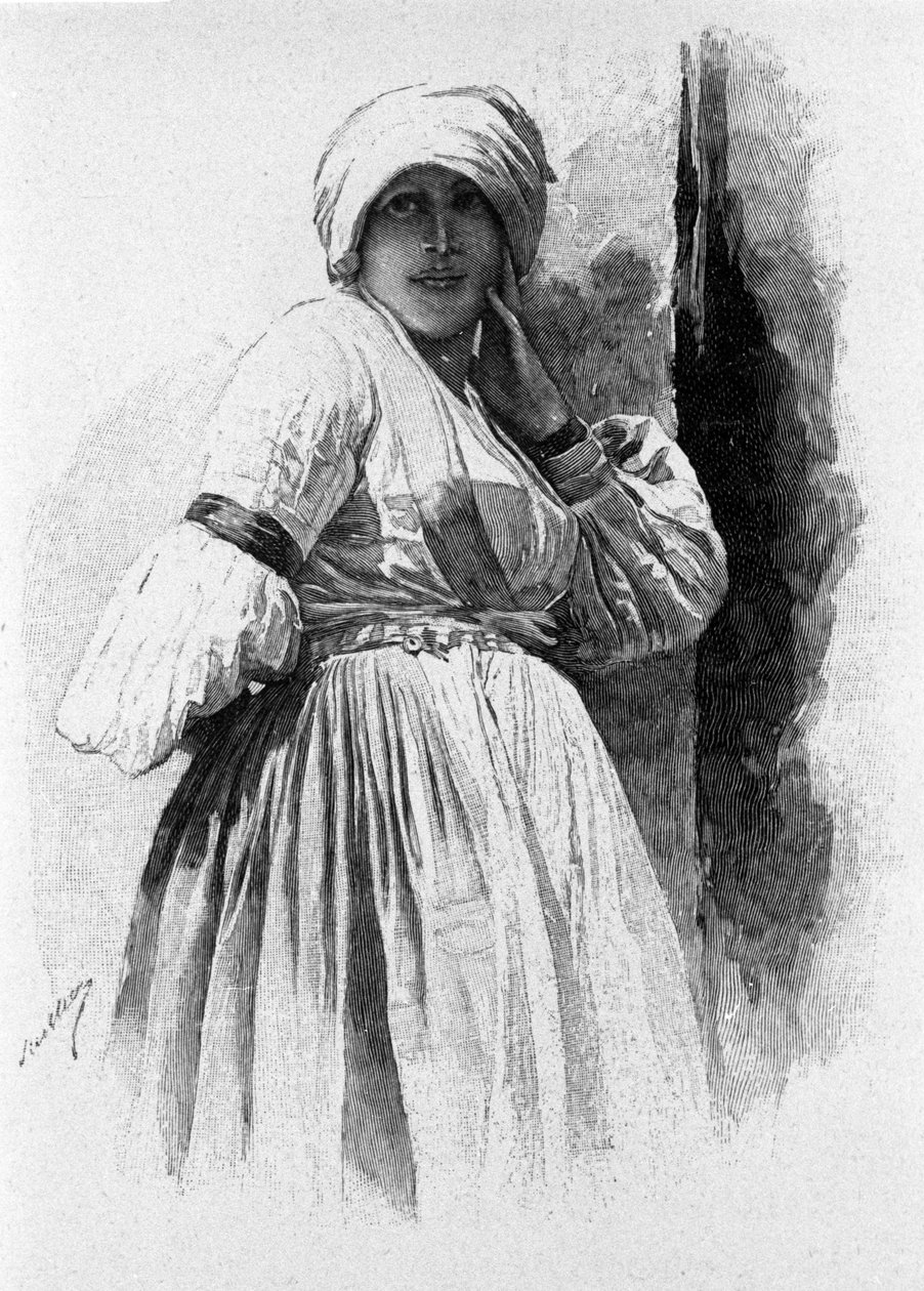 Folklore: nainen Piana degli Albanesin perinteisessä puvussa. Sisilia 1800-luvun kaiverrus tekijältä Unknown artist
