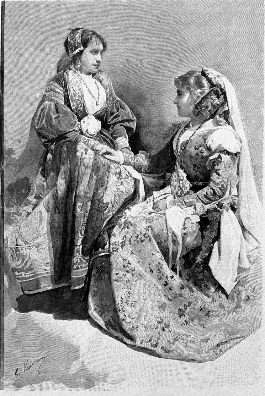 Folklore: naiset pukeutuneet perinteisiin hääasuihin, Sisilia. 1800-luvun kaiverrus. tekijältä Unknown artist