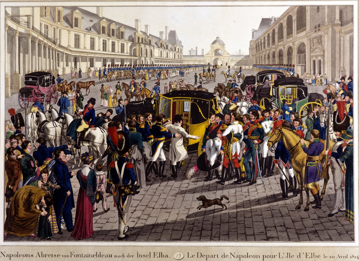 Fontainebleau. Napoleon Bonaparten lähtö Elban saarelle. 20/04/1814. Kaiverrus 1800-luvulta. tekijältä Unknown artist
