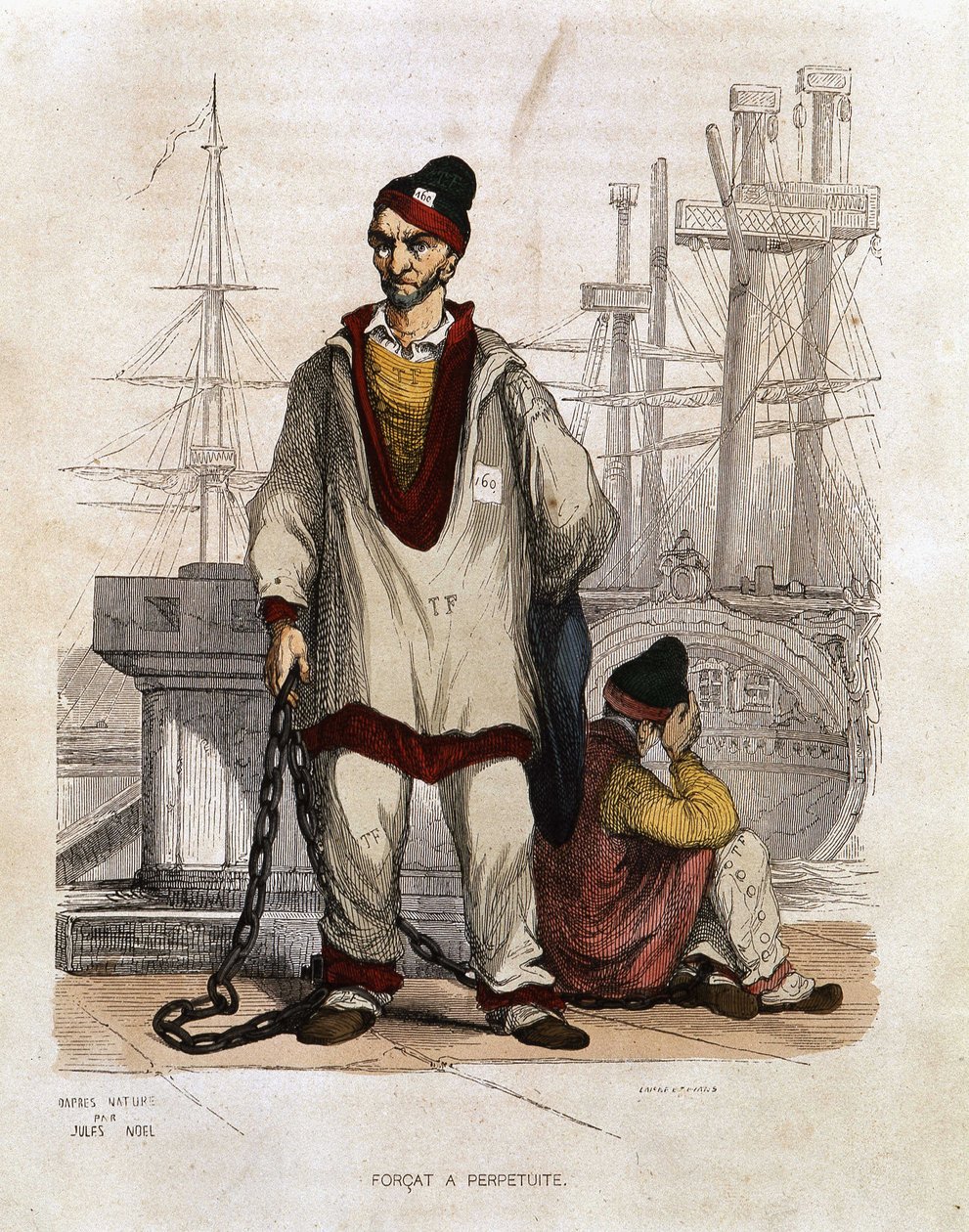 Tuomittu perityssä - teoksessa "" Les Bagnes: historia, tyypit, tapat, mysteeri", kirjoittanut Maurice Alhoy, toim. Gustave Havard, Pariisi tekijältä Unknown artist