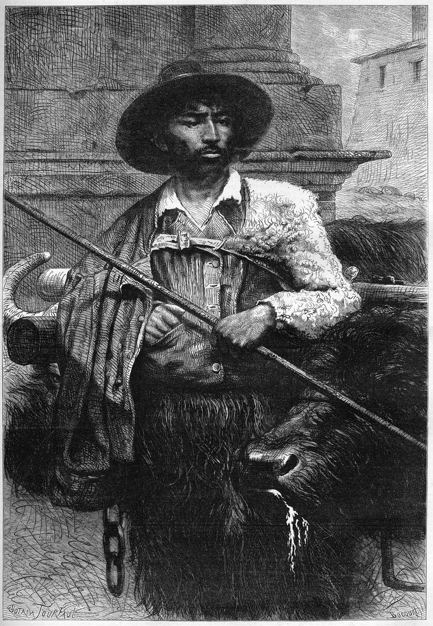 Entinen viljelijä: puhvelinkuljettaja (puhvelinkasvatus mozzarellaa varten) Kaiverrus "" The Illustrous World" -kirjaan" tekijältä Unknown artist