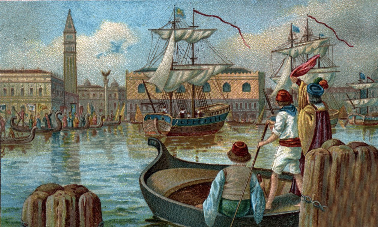 Entiset ostoskeskukset: venetsialaisen laivaston paluu Venetsiaan 1800-luvulla. 1800-luvun lopun kromolitografia tekijältä Unknown artist