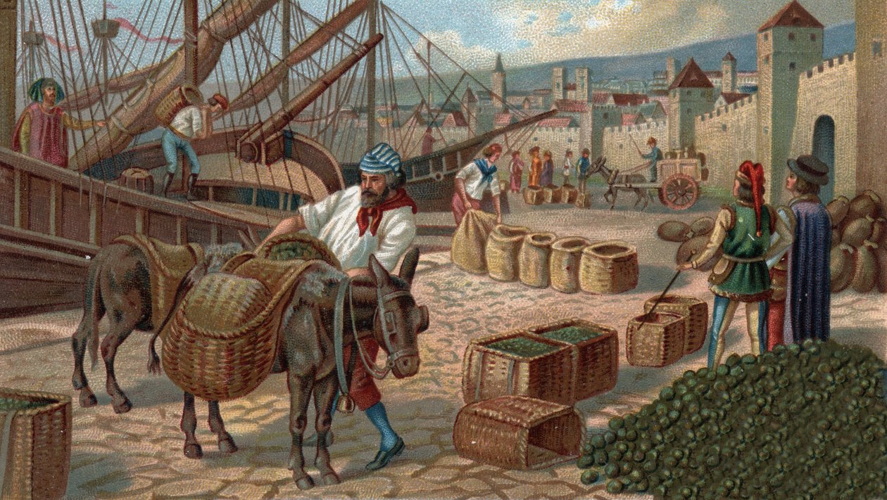 Entiset ostoskeskukset: viikunoiden kuljetus Marseilleen keskiajalla. 1800-luvun lopun kromolitografia tekijältä Unknown artist
