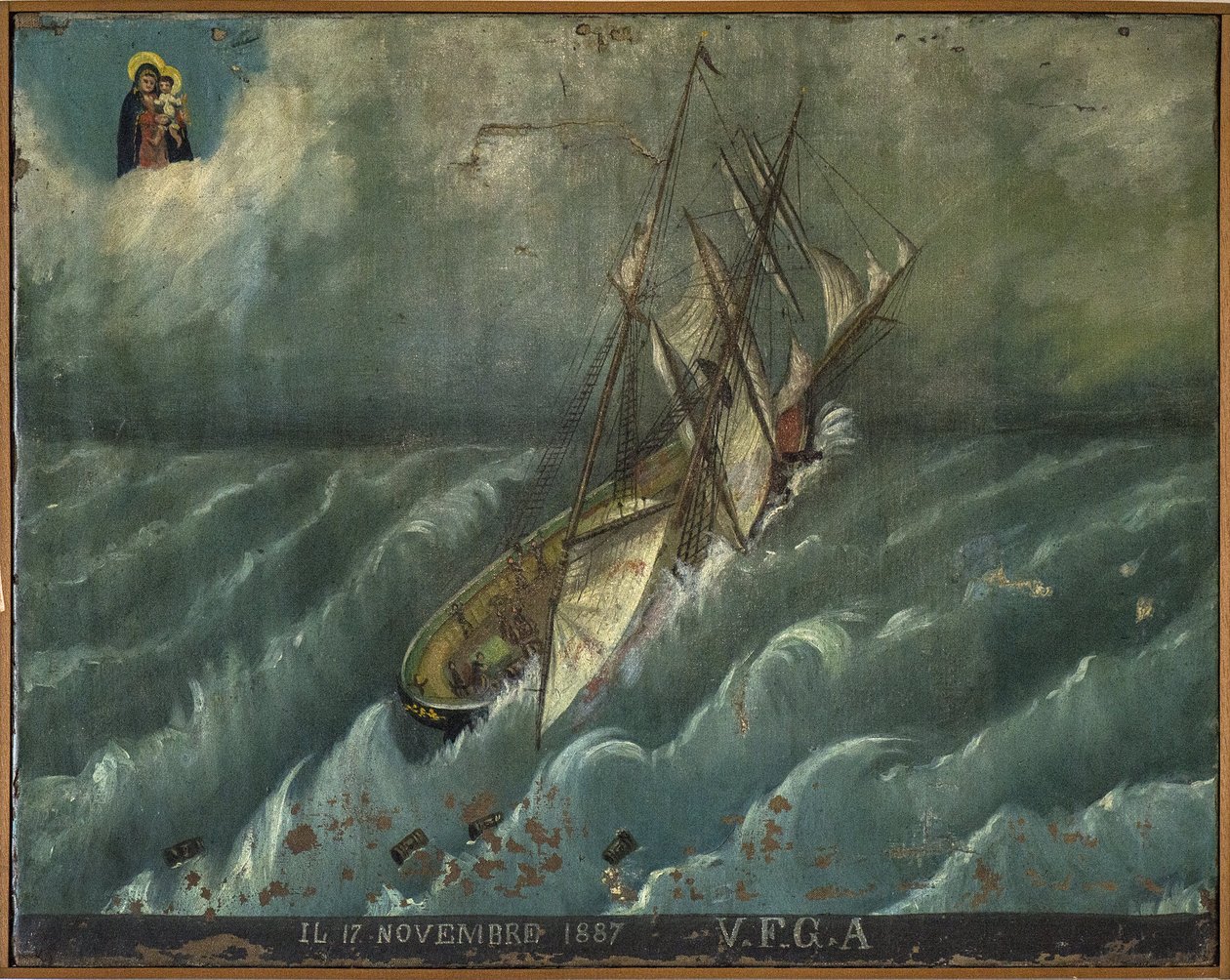 Entinen voto (ex voto) -purjehtija, suosittu tarjous panttina omistautumisesta ja kiitollisuudesta merimiehelle, joka selviytyy meren vaaroista, jotka tulevat Carmine-kirkosta Torre del Grecosta lähellä Napolia tekijältä Unknown artist