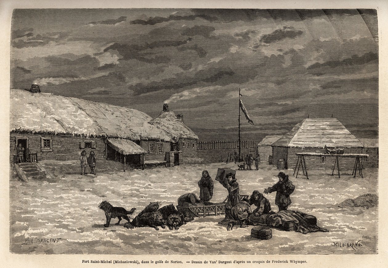 Fort Saint-Michel (Saint Michel), Englannin hallussa tuolloin Nortonin lahdella. Frederick Whymperin kaiverrus havainnollistamaan matkaa ja seikkailuja Englannin Kolumbiassa, Vancouver Islandissa ja Alaskassa tekijältä Unknown artist