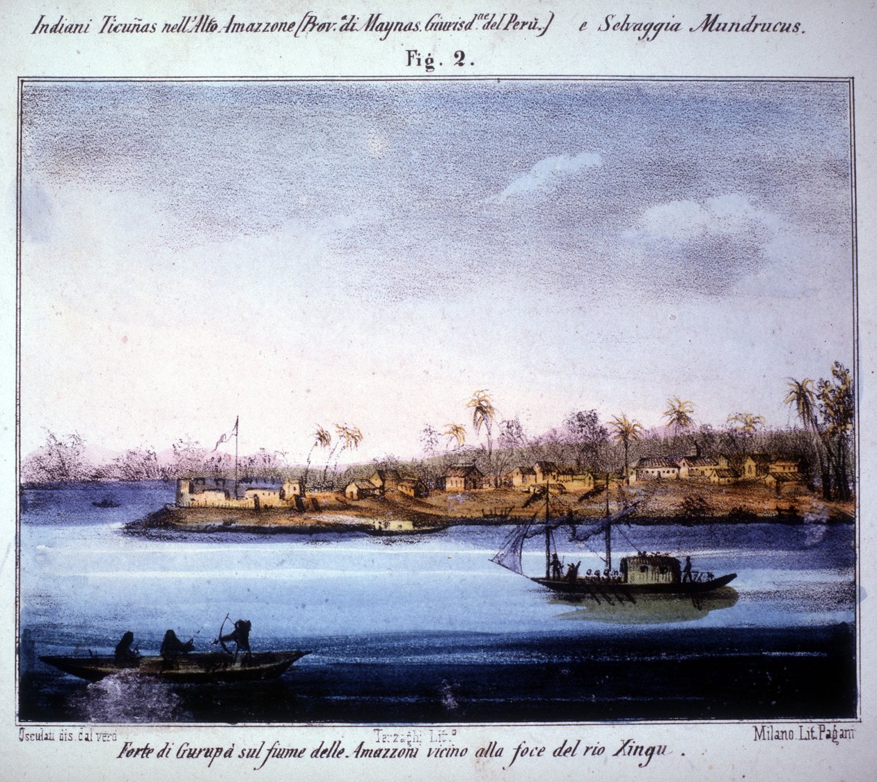 Gurupàn linnoitus Amazon-joella, lähellä Rio Xingun suuta Ecuadorissa. Kaiverrus vuosilta 1846-1848. tekijältä Unknown artist