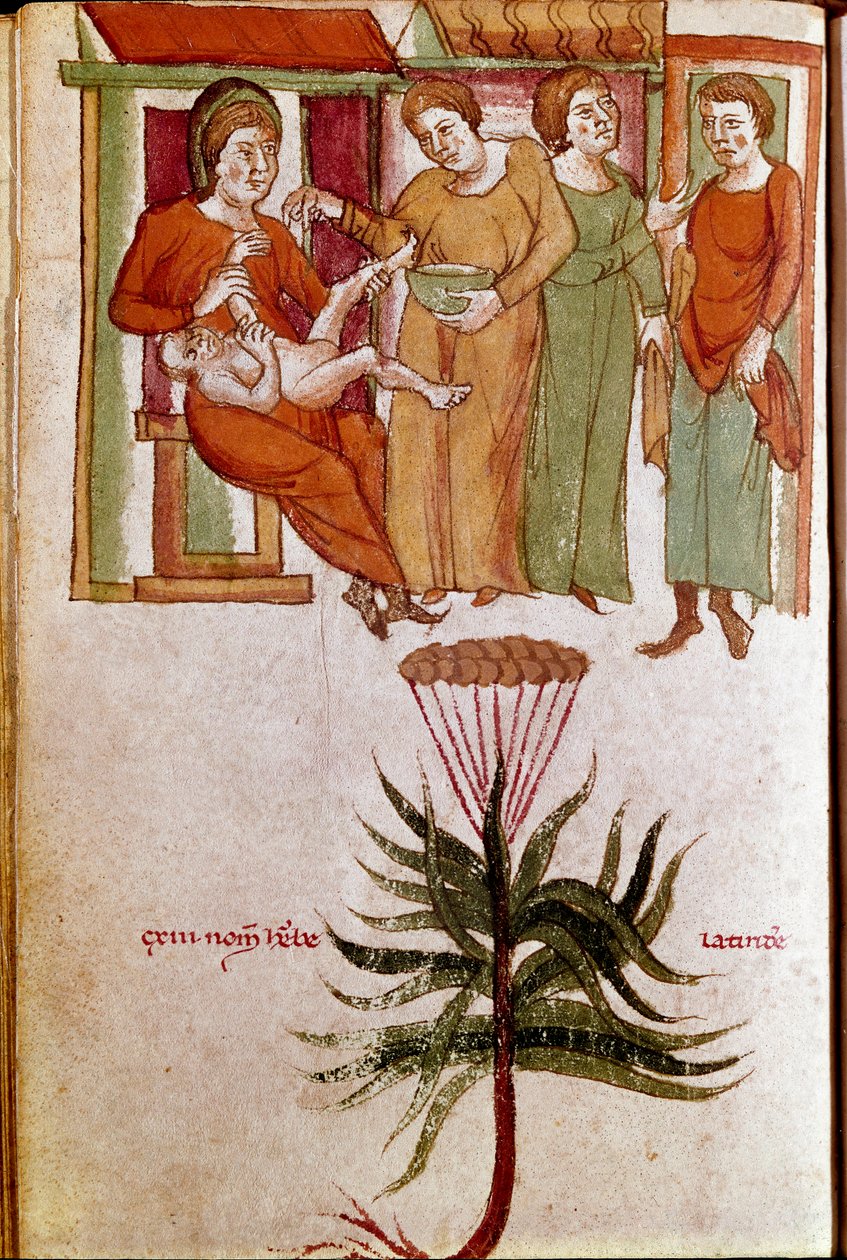 Neljä lasta hoitavaa naista, lastenhoitokauppa. (pienikokoinen, 1200-luvun alku) tekijältä Unknown artist