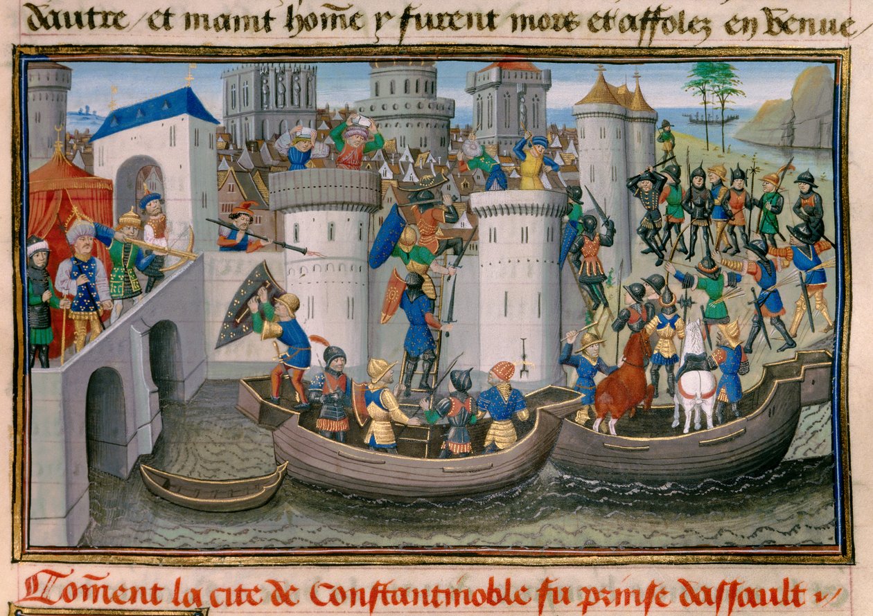 Neljäs ristiretki: näkymä Konstantinopolin valloittamisesta ristiretkillä vuosina 1203-1204. Miniatyyri David Aubertin "" Chronicle abregee -kirjasta". tekijältä Unknown artist