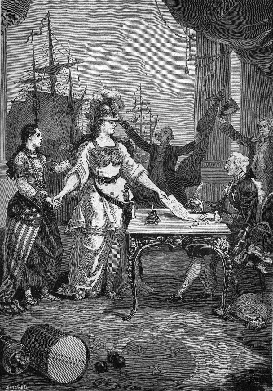 Ranska liittoutui - Kuninkaan (Louis XVI) piti vain allekirjoittaa: 6. helmikuuta 1778 allekirjoitettiin Ranskan ja Pohjois-Amerikan kapinallissiirtomaan välinen ystävyys- ja kauppasopimus, joka velvoitti Ranskan takaamaan Yhdysvaltojen itsenäisyyden. tekijältä Unknown artist