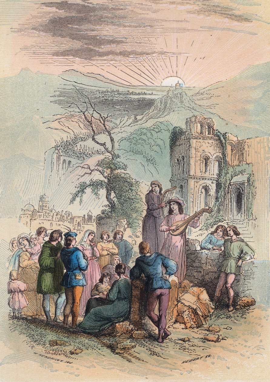 Ranska keskiajalla: Etsi jännittäviä ihmisiä osallistumaan ristiretkeen. Kaiverrus vuodelta 1868 Theodore Justen (1818-1888) teokseen "Histoire de Belgique primitiivistä Leopold I:n hallituskauden loppuun". Yksityinen kokoelma. tekijältä Unknown artist