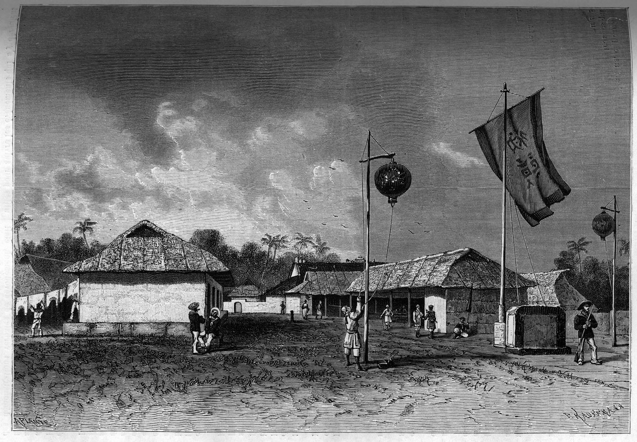 Ranska Indokiinassa: Ranskan sotilasasema Indokiinan pääkaupungin Huen linnoituksen sisällä. Kaiverrus "Le Journal de la jeunesse" tekijältä Unknown artist
