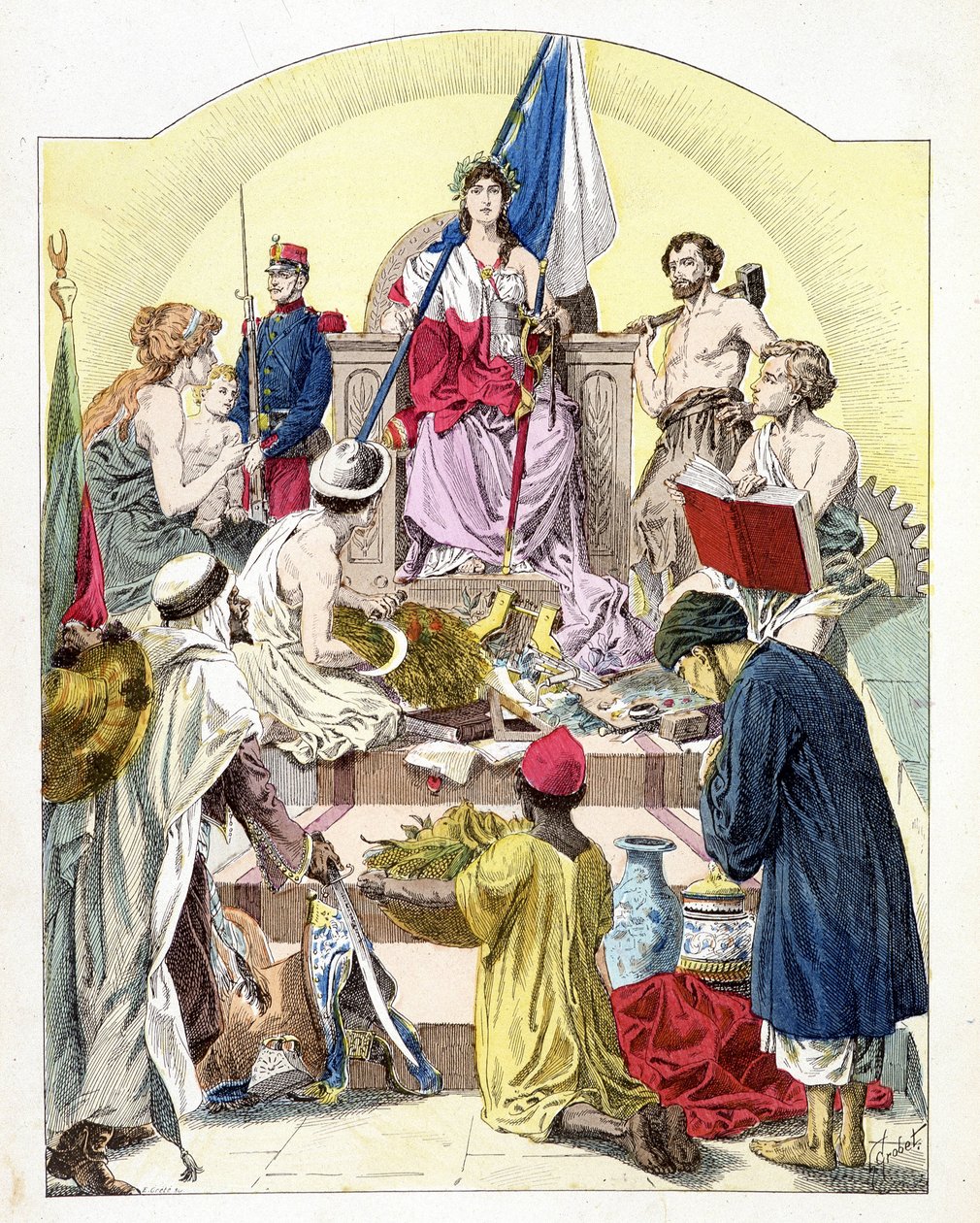 Ranska, Mariannen piirteiden alla, sen persoonallisten siirtokuntien ympäröimänä - kirjassa "Histoire de France", kirjoittanut E. Grobet, n. 1915 tekijältä Unknown artist